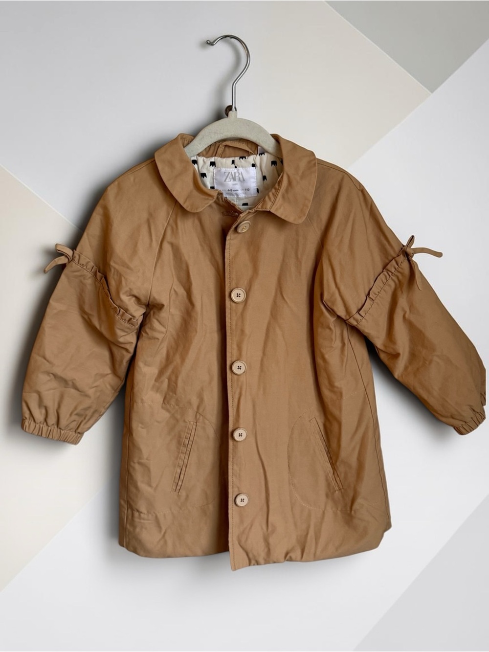 Zara Kids Camel Tan Button-Up Raincoat with Sleeve Ties